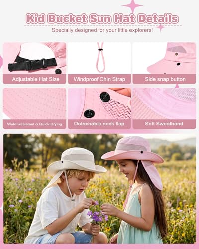 Century Star Kids Sun Hat with Ponytail Hole & Detachable Neck Flap UPF50+ Quick Dry Girls Bucket Hat for Outdoor Beach - color: Light Pink