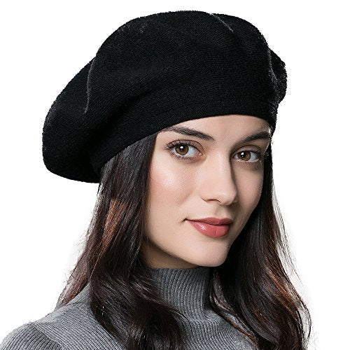 Womens Winter Beret Hat Knitted Beanie Cap Autumn Winter Hat French Classic Beret - color: Black