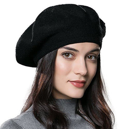 Womens Winter Beret Hat Knitted Beanie Cap Autumn Winter Hat French Classic Beret - color: Black