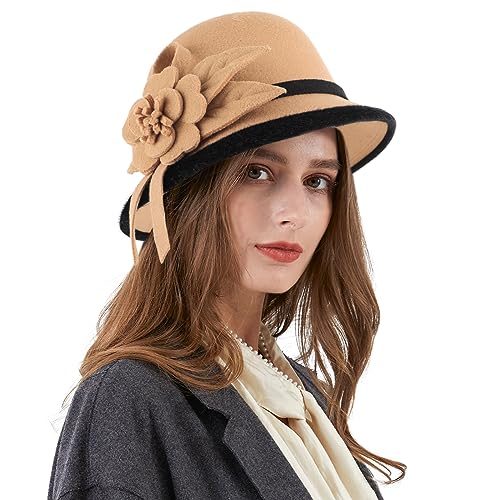Ladies Wool Felt Bucket Hat Women Vintage Cloche Fedora Winter Church Bowler Hat with Bow - color: Khaki Flower