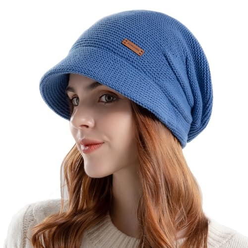 Womens Winter Beanie Hat,Fleece Lining Warm Knitted Slouchy Beanie Hats Cap with Visor - color: Blue
