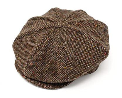 Hanna Hats Traditional Irish Tweed Eight Piece Cap. Unisex Newsboy Cap. Button Crown & Taffeta Lining. 100% Made in Ireland. - color: Brown Fleck Salt & Pepper, size: Medium