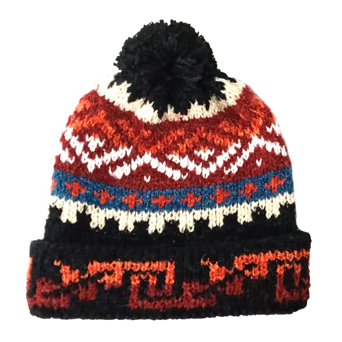 TINKUY Peru Alpaca Wool Winter Beanie, Handmade Bobble Hat, Unisex, One Size - color: Black