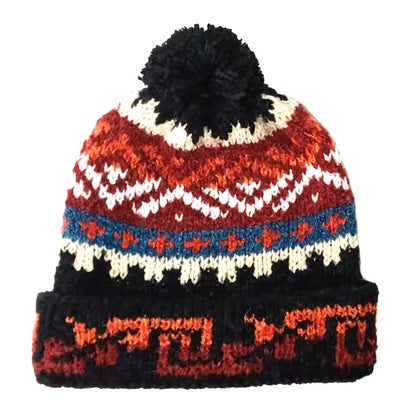 TINKUY Peru Alpaca Wool Winter Beanie, Handmade Bobble Hat, Unisex, One Size - color: Black