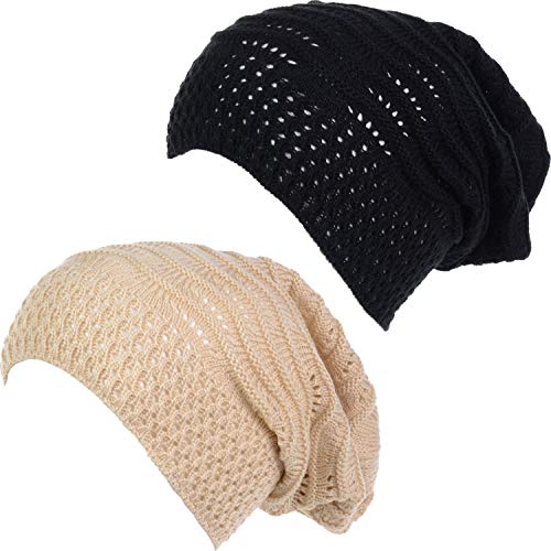 BYOS Women's Airy Cool Lightweight Cutout Long Slouchy Crochet Knit Beanie Hat - color: 2 Pack-wavy Line Lt. Beige & Bk