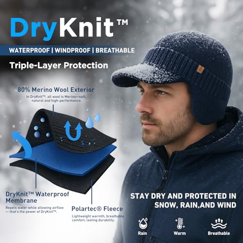 TOP-EX DryKnit™ 80% Merino Wool Waterproof Warm Brim Beanie with Ear Flaps - color: Green (Waterproof), size: Large-X-Large