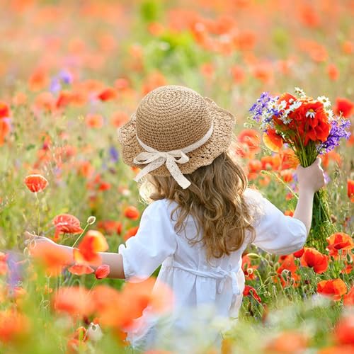 Girls Straw Hat with Flower Round Sunglasses, Summer Foldable Large Brim Sunflower Bowknot Beach Toddler Straw Sun Hat, 2-6T - color: Khaki-bow