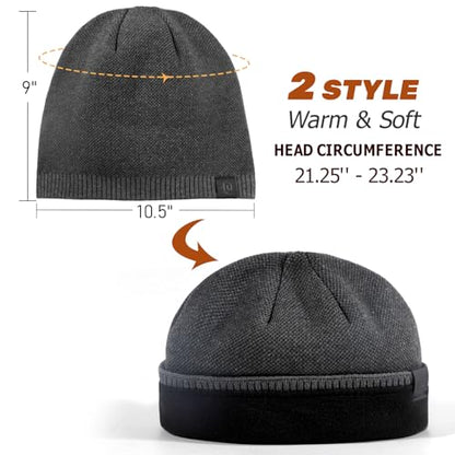 Fleece Lined Mens Beanie Scarf Set Thick Knit Winter Hat Neck Warmer Unisex - color: Grey