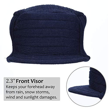 Solaris Army Style Flat Top Knit Cap Beanie WinterHat with Visor, for Women & Men - color: Navy