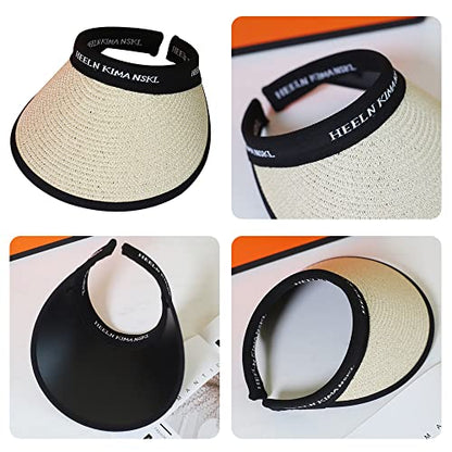 Women Straw Sun Visor Hat, Summer Wide Brim UV Protection Beach Cap Adjustable Sun Hat for Outdoor - color: Khaki