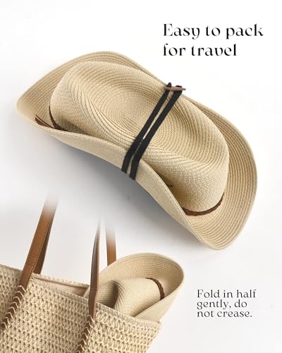 FURTALK Womens Wide Brim Sun Hat Beach Panama Fedora Straw Summer - color: New Beige, size: Medium-Large