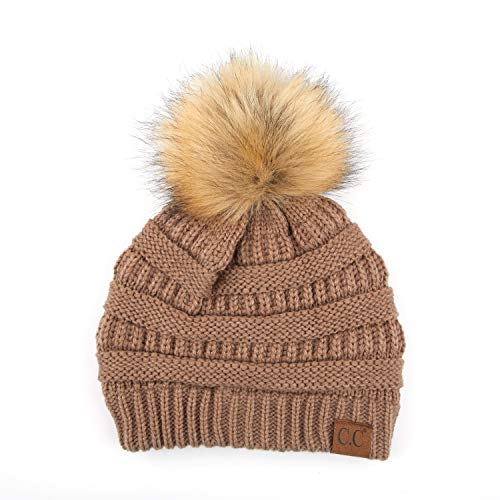C.C Hatsandscarf Exclusives Unisex Solid Ribbed Beanie with Pom (HAT-43) - color: A Gift Set-taupe