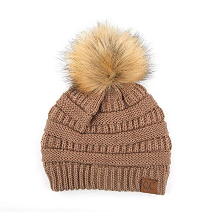 C.C Hatsandscarf Exclusives Unisex Solid Ribbed Beanie with Pom (HAT-43) - color: A Gift Set-taupe