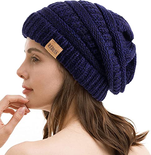 REDESS Slouchy Beanie Hat for Men and Women Winter Warm Knit Hat Chunky Soft Oversized Cable Cap - color: B2 Navy