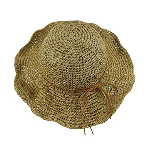 Women Sun Hat Wide Brim Floppy Beach Hat Breathable UV UPF 50+ Straw Hat Foldable Packable Summer Outdoor Cap - color: Light Coffee