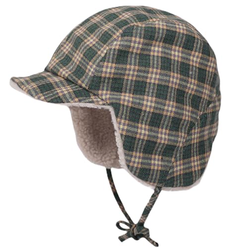 Reversible Winter Hat with Ear Flaps for Men Women Adult,Ladies Plaid Hat,Lamb Wool Lining Beanie Not for Kids - color: Plaid Green