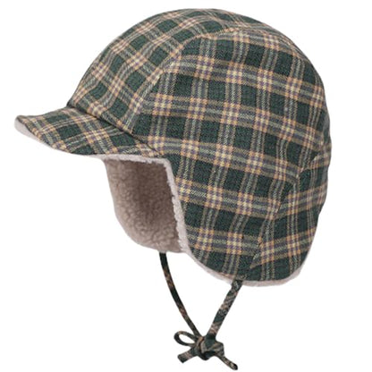 Reversible Winter Hat with Ear Flaps for Men Women Adult,Ladies Plaid Hat,Lamb Wool Lining Beanie Not for Kids - color: Plaid Green