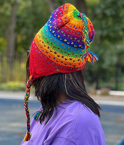 Nepal Hand Knit Ear Flaps Beanie Skull Ski 100% Wool Fleeced Hat/Cap - color: Rainbow