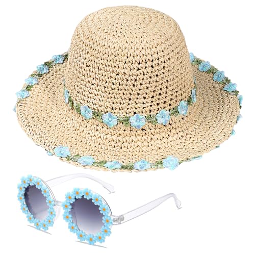 Girls Straw Hat with Flower Round Sunglasses, Summer Foldable Large Brim Sunflower Bowknot Beach Toddler Straw Sun Hat, 2-6T - color: Beige-blue Flower