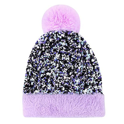 Women Sparkly Sequins Knitted Beanie Hat Warm Winter Skull Cap with Faux Fur Pom Pom - color: Purple