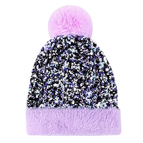 Women Sparkly Sequins Knitted Beanie Hat Warm Winter Skull Cap with Faux Fur Pom Pom - color: Purple