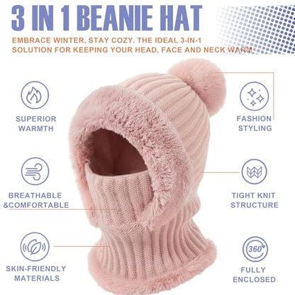 AQOKKA 3 in 1 Knit Fleece Lined Beanie Hat with Scarf and Mask Warm - color: Pink