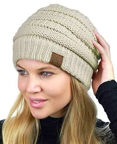 C.C Unisex Chunky Soft Stretch Cable Knit Warm Fuzzy Lined Skully Beanie - color: Beige