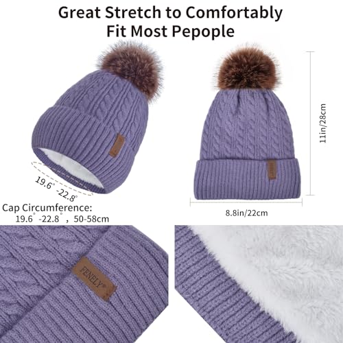 Winter Hat Scarf Gloves Set for Women, Classic Cable Beanie with Removable Pom Pom Long Scarf Touchscreen Gloves 3 in 1 Set - color: Purple