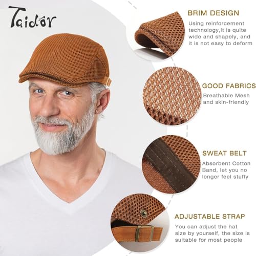 2 Pack Men's Mesh Cap Breathable Summer Newsboy Hat Adjustable Beret Ivy Cap Irish Cabbie Driving Hunting Hats - color: Black/Caramel