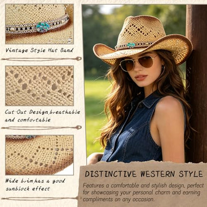 Straw Cowboy Hat for Women, Cowgirl Hat Wide Brim Western Cowboy Hat - color: Style9