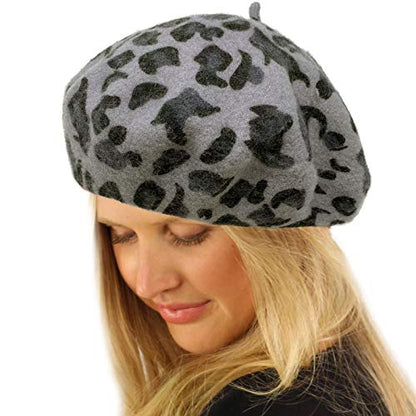 Classic Winter 100% Wool Warm French Art Basque Beret Tam Beanie Hat Cap - color: Leopard Gray