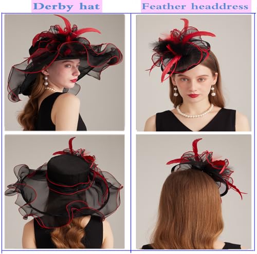 Women Derby Church Hat Organza Flower Wedding Tea Party Fascinator Wide Brim Sun Hat - color: 16-black Red