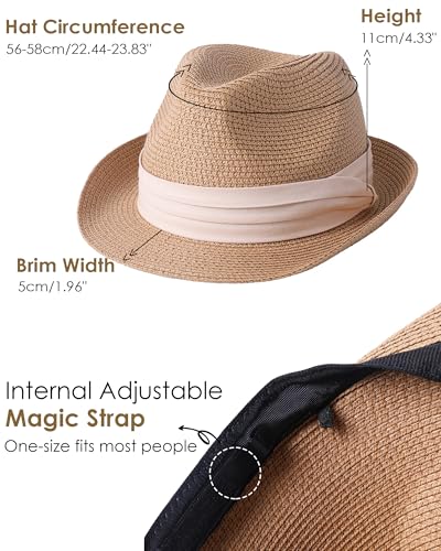Straw Sun Hat for Men Women Short Brim Beach Trilby Hat UPF 50+ - color: Khaki