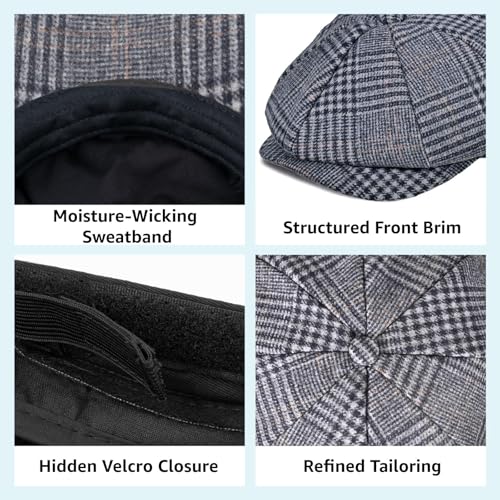 Mens Newsboy Cap High Woolen Tweed Gatsby Hat Ivy Cabbie Flat Golf Cap for Fathers Women Unisex - color: Plaid Grey, size: 7-7 1/8