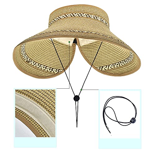 Women Sun Visors Foldable Straw Hats Summer Beach Packable Hat Floppy Wide Brim Cap Deep Style, Adjustable Size - color: Khaki Mix