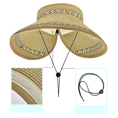 Women Sun Visors Foldable Straw Hats Summer Beach Packable Hat Floppy Wide Brim Cap Deep Style, Adjustable Size - color: Khaki Mix