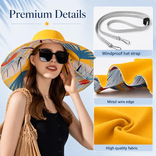 HUAMULAN Wide Brim Women Summer Sun Floppy Hat Reversible Beach Bucket Hat - color: Bg8240-yellow