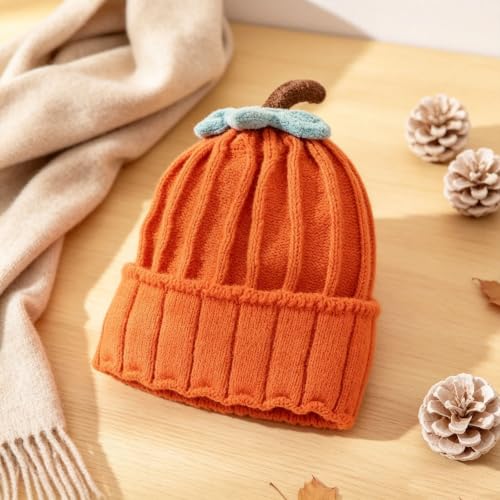 4 Pcs Pumpkin Knitted Beanie Hat Halloween Thanksgiving Pumpkin Costume Beret Hat Autumn Fall Cute Winter Warm Soft Cap for Women Orange