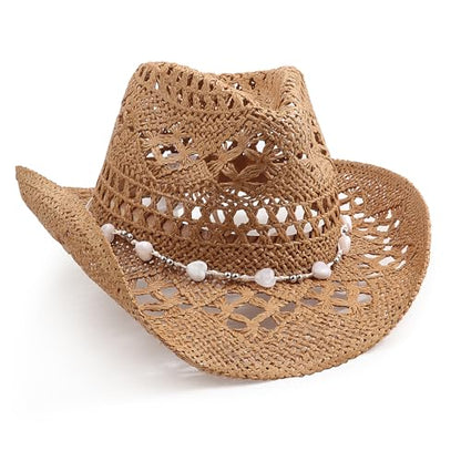 AQOKKA Straw Cowboy Hats for Women Men Western Cowgirl Hats with Shapeable Brim Woven Hollow Out Unisex Beach Roll Up Caps - color: Cowboy Hat : Dark Khaki a