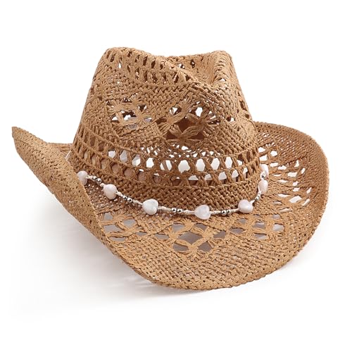 AQOKKA Straw Cowboy Hats for Women Men Western Cowgirl Hats with Shapeable Brim Woven Hollow Out Unisex Beach Roll Up Caps - color: Cowboy Hat : Dark Khaki a