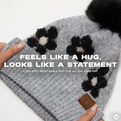 Funky Junque Beanie for Women Ultra Soft Chenille Faux Fur Pom Pom Winter Hats Warm Ski Cap Fashion - color: Daisy - Grey