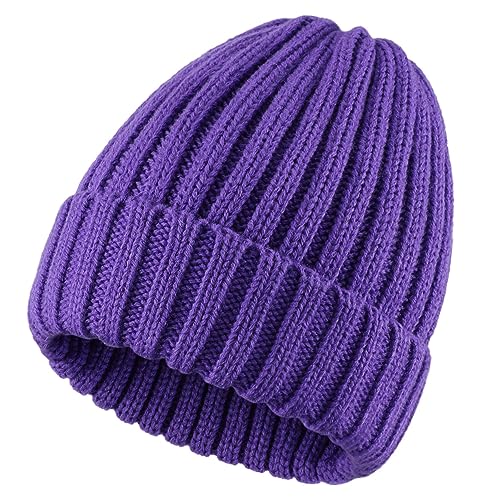 Connectyle Women's Rib Knit Cuffed Beanie Hat Stretch Acrylic Winter Hat Thick Warm Snow Ski Cap - color: Purple