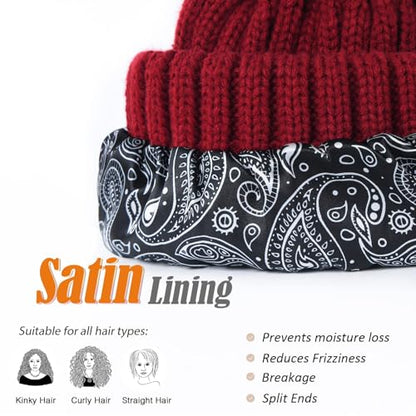 FURTALK Womens Winter Beanie Hat Satin Lined Faux Fur Pom Pom Beanies Hat for Women Winter Warm Knit Hats - color: Wine Red