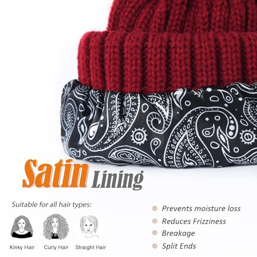 FURTALK Womens Winter Beanie Hat Satin Lined Faux Fur Pom Pom Beanies Hat for Women Winter Warm Knit Hats - color: Wine Red