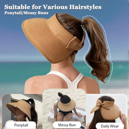 Women's Sun Visor Hats Wide Brim Straw Beach Hat Ponytail Hats for Women Foldable Floppy - color: 1pack-khaki Diy White