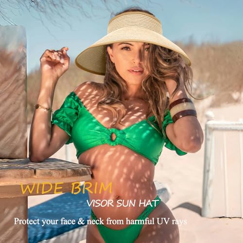 Women's Sun Visor Hats Wide Brim Straw Beach Hat Ponytail Hats for Women Foldable Floppy - color: 1pack-beige/Khaki Basic