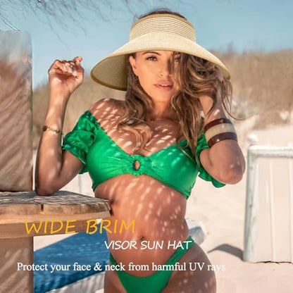 Women's Sun Visor Hats Wide Brim Straw Beach Hat Ponytail Hats for Women Foldable Floppy - color: 1pack-beige/Khaki Basic