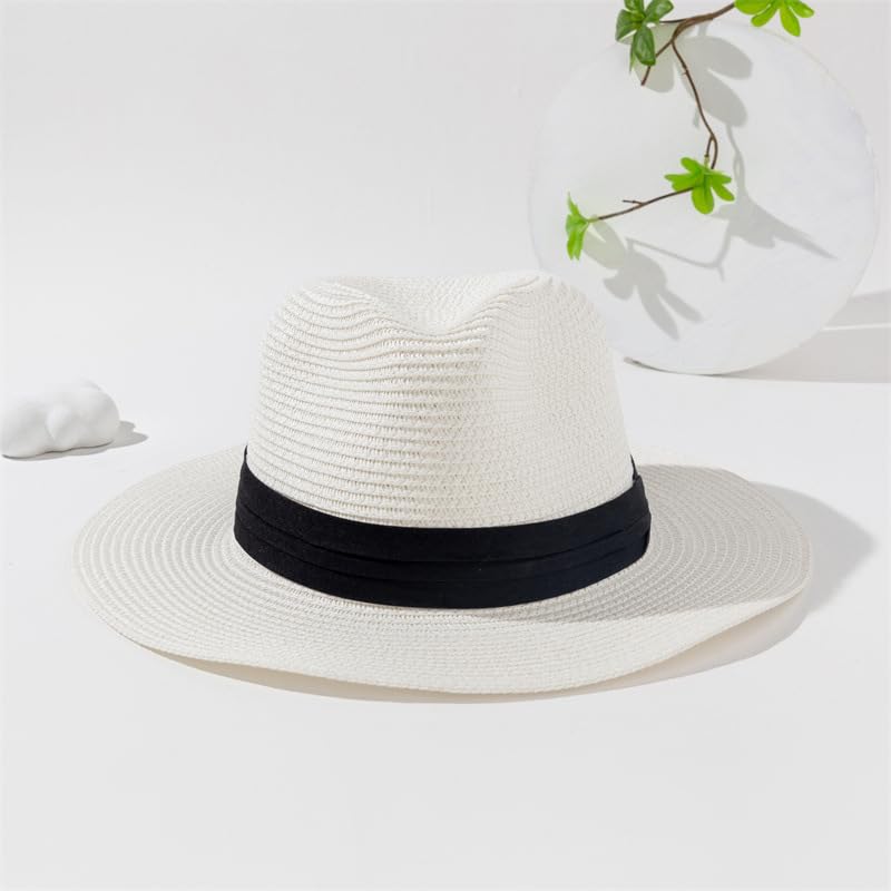 Unisex Adjustable Summer Straw Fedora Hat Sun Cap Panama Wide Brim For Beach Summer Outdoors Camping Supplies - color: White