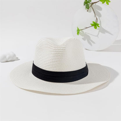 Unisex Adjustable Summer Straw Fedora Hat Sun Cap Panama Wide Brim For Beach Summer Outdoors Camping Supplies - color: White