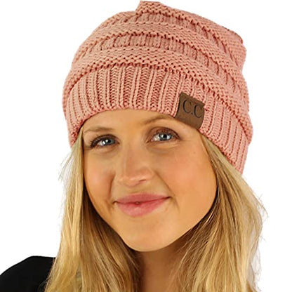 CC Classic Winter Fall Trendy Chunky Stretchy Cable Knit Beanie Hat - color: Solid Salmon Pink